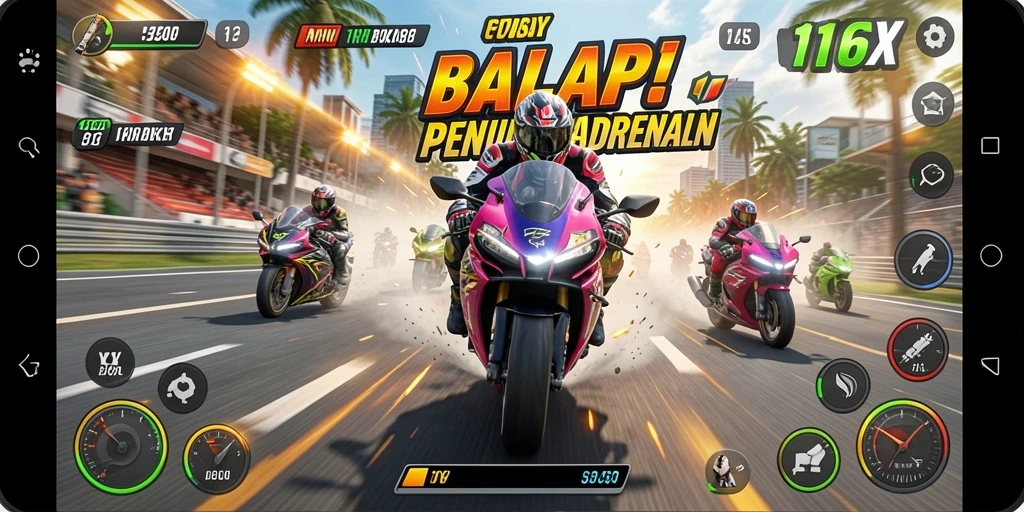 Tangkapan layar dari gameplay 116X menampilkan balapan motor yang mendebarkan.