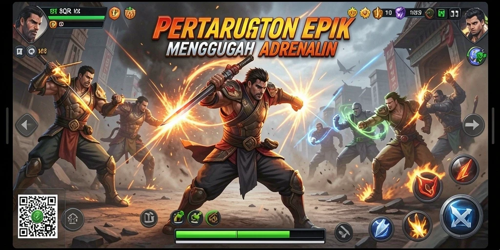 Screenshot utama 8QR menunjukkan pertarungan intens antara karakter-karakter pilihan.