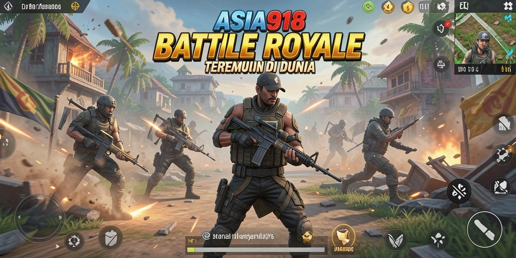 Screenshot utama ASIA918 menggambarkan aksi seru gameplay Battle Royale.