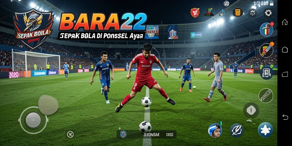 Tampilan gameplay BARA22 dengan aksi sepak bola yang seru.