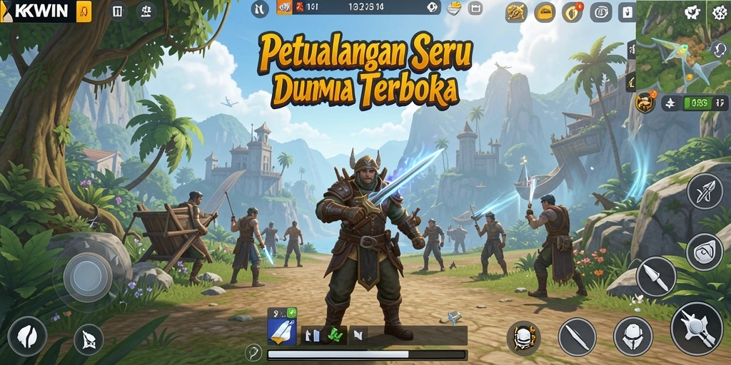 Tangkapan layar dari gameplay KKWIN dalam dunia terbuka yang luas.